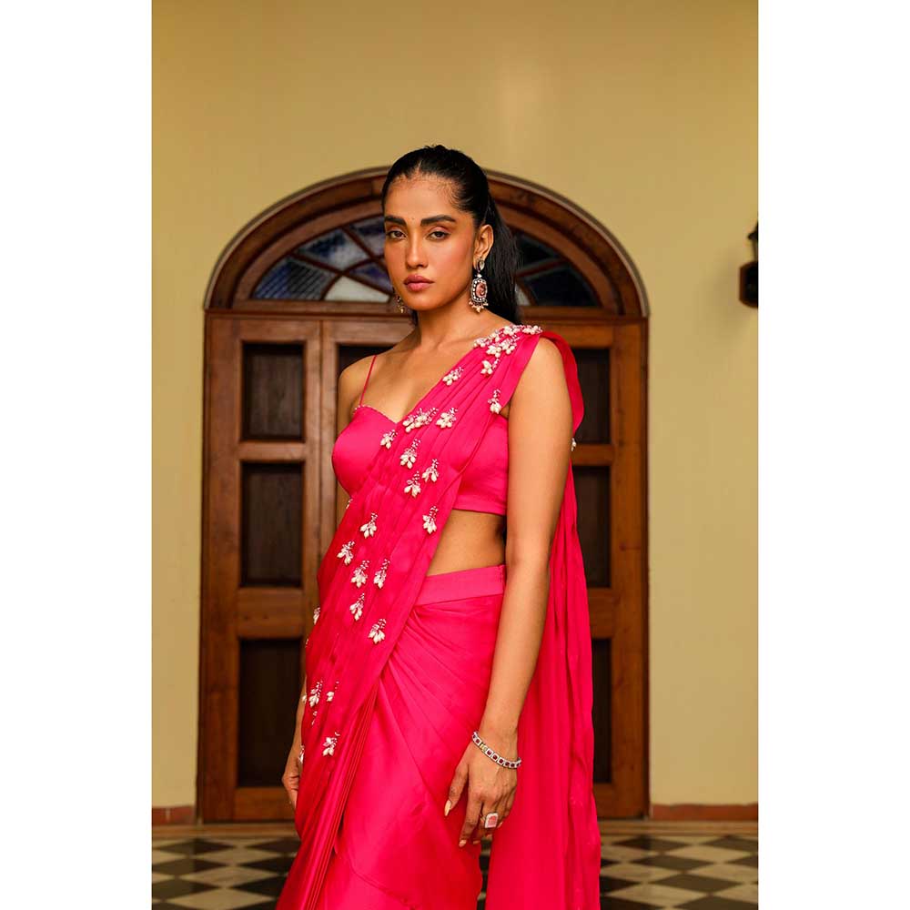 Ajiesh Oberoi Droplet Strings Mermaid Pre-Draped Saree With Dori Stitched Blouse - Pink