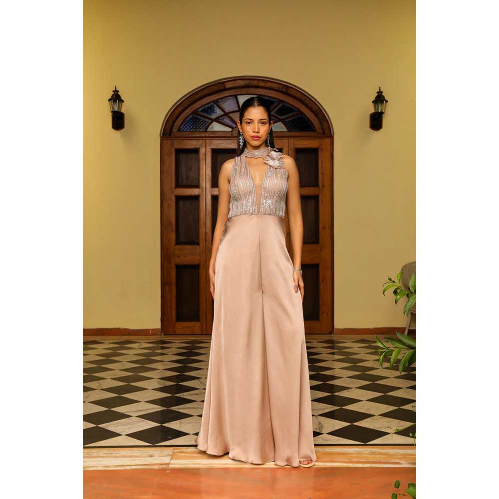 Ajiesh Oberoi Star Shot Neckband And Yoke Embroidery Flared Jumpsuit - Taupe