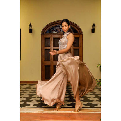 Ajiesh Oberoi Star Shot Neckband And Yoke Embroidery Flared Jumpsuit - Taupe