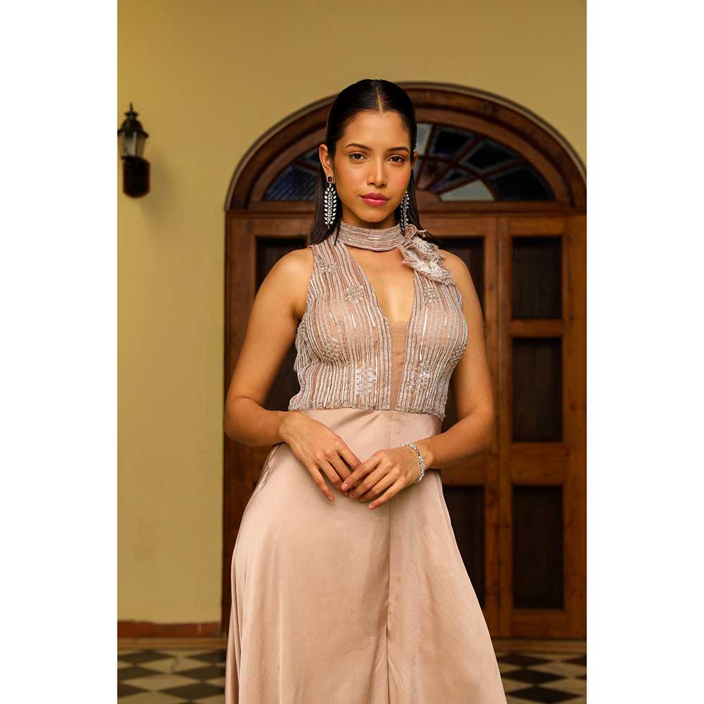 Ajiesh Oberoi Star Shot Neckband And Yoke Embroidery Flared Jumpsuit - Taupe