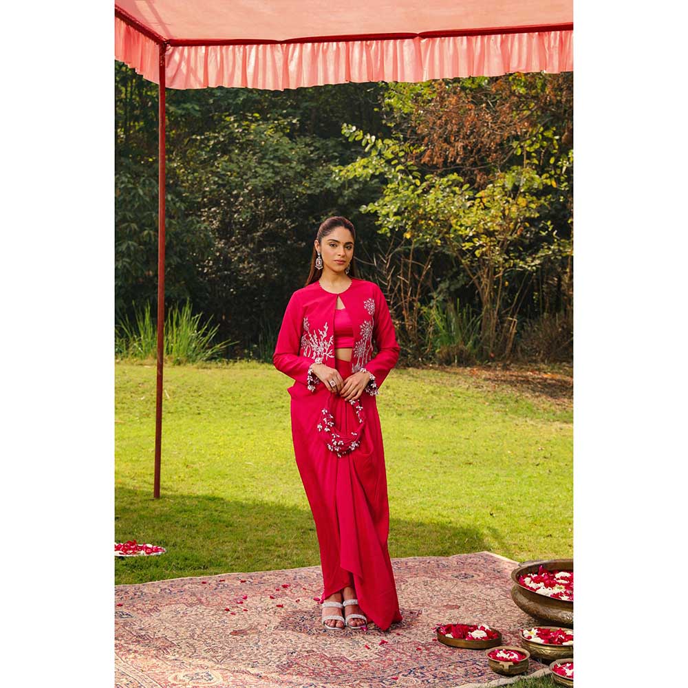 Ajiesh Oberoi Open Pearl Droplet Cuffs Paired Jacket With Skirt And Stitched Blouse - Red