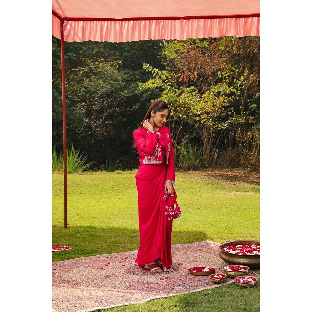Ajiesh Oberoi Open Pearl Droplet Cuffs Paired Jacket With Skirt And Stitched Blouse - Red