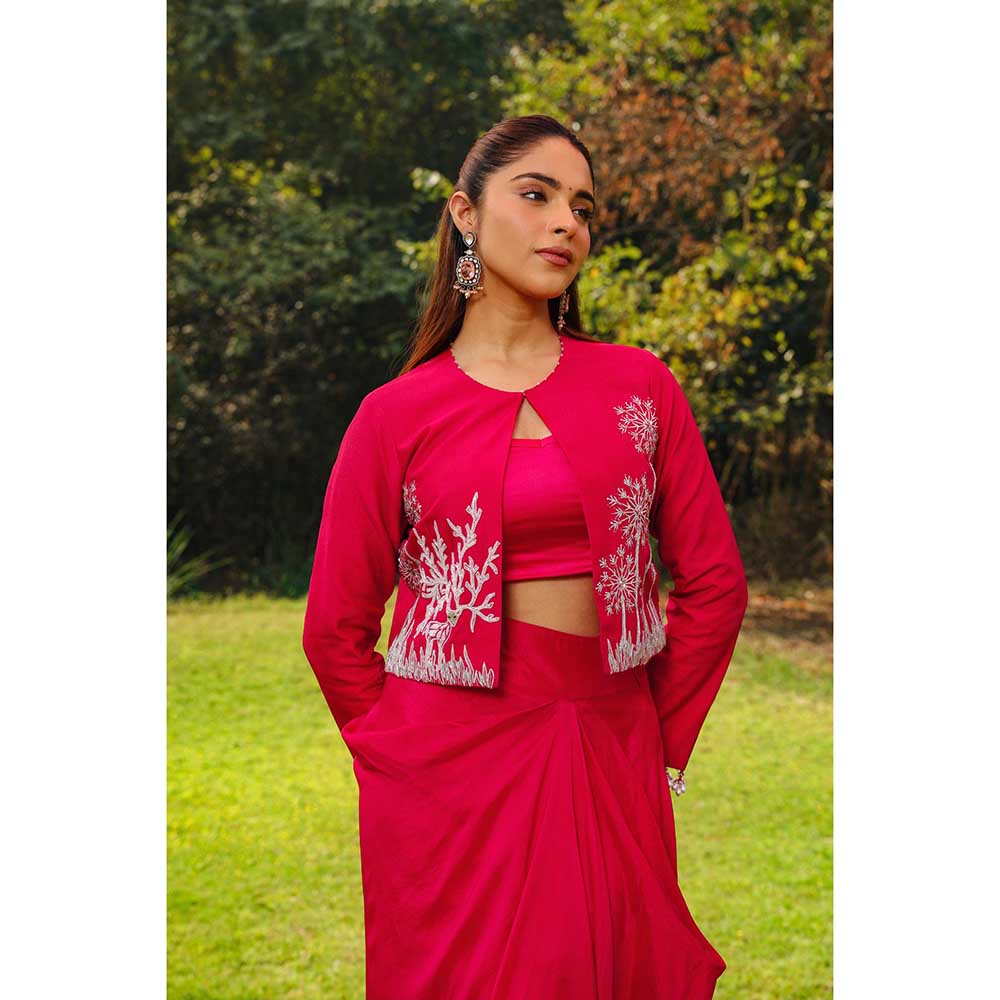 Ajiesh Oberoi Open Pearl Droplet Cuffs Paired Jacket With Skirt And Stitched Blouse - Red