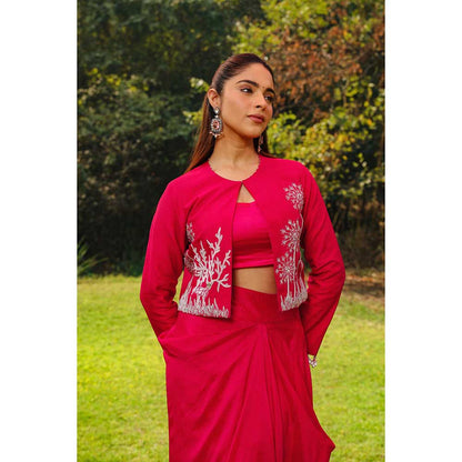 Ajiesh Oberoi Open Pearl Droplet Cuffs Paired Jacket With Skirt And Stitched Blouse - Red