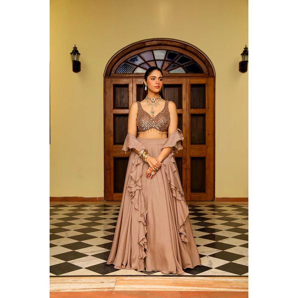 Ajiesh Oberoi Crystal Sheet Embraided Lehenga With Stitched Blouse And Dupatta - Brown