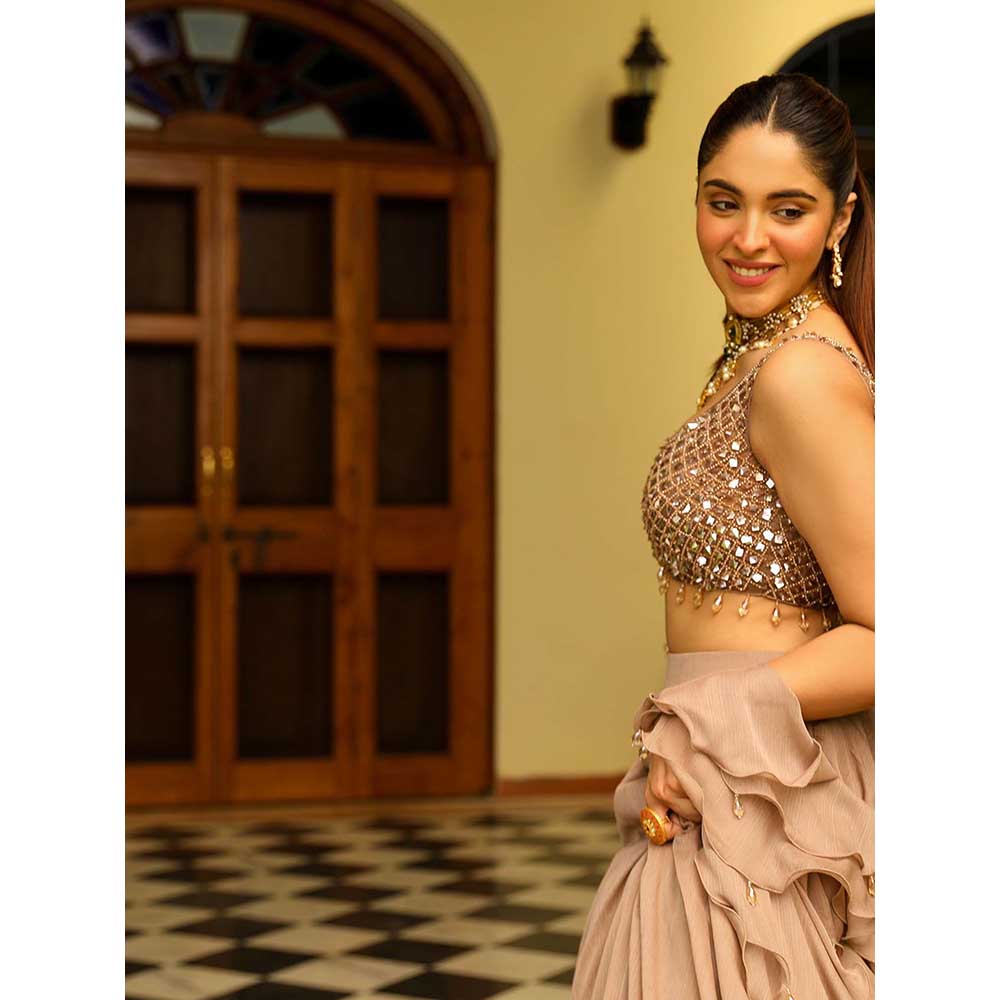 Ajiesh Oberoi Crystal Sheet Embraided Lehenga With Stitched Blouse And Dupatta - Brown