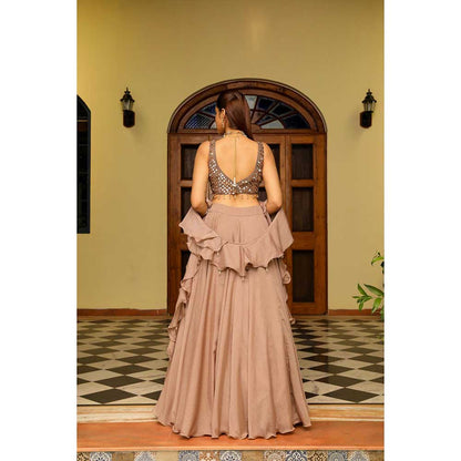 Ajiesh Oberoi Crystal Sheet Embraided Lehenga With Stitched Blouse And Dupatta - Brown