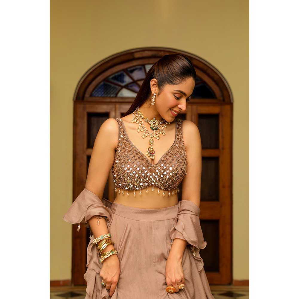 Ajiesh Oberoi Crystal Sheet Embraided Lehenga With Stitched Blouse And Dupatta - Brown