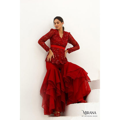 Akanksha Mago Carmine Scarlet Red Jacket & Gharara (Set of 2)