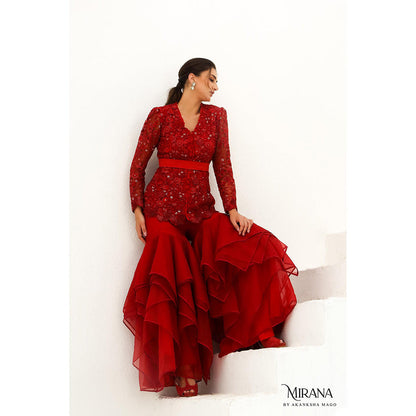 Akanksha Mago Carmine Scarlet Red Jacket & Gharara (Set of 2)