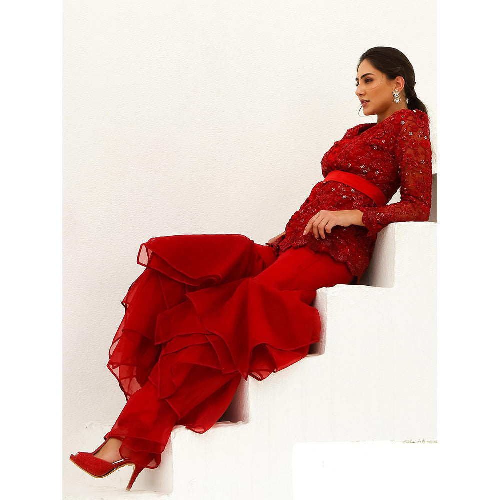 Akanksha Mago Carmine Scarlet Red Jacket & Gharara (Set of 2)