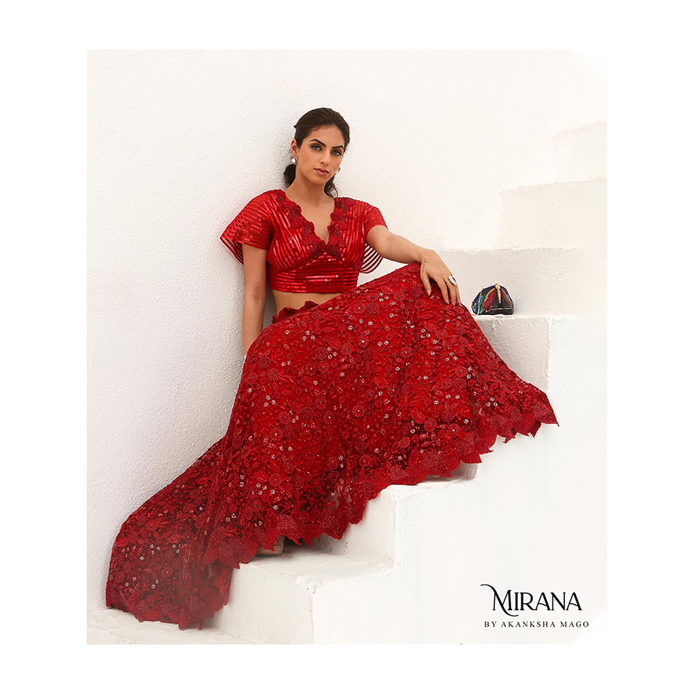 Akanksha Mago Bela Scarlet Red Stitched Blouse & Lehenga (Set of 2)