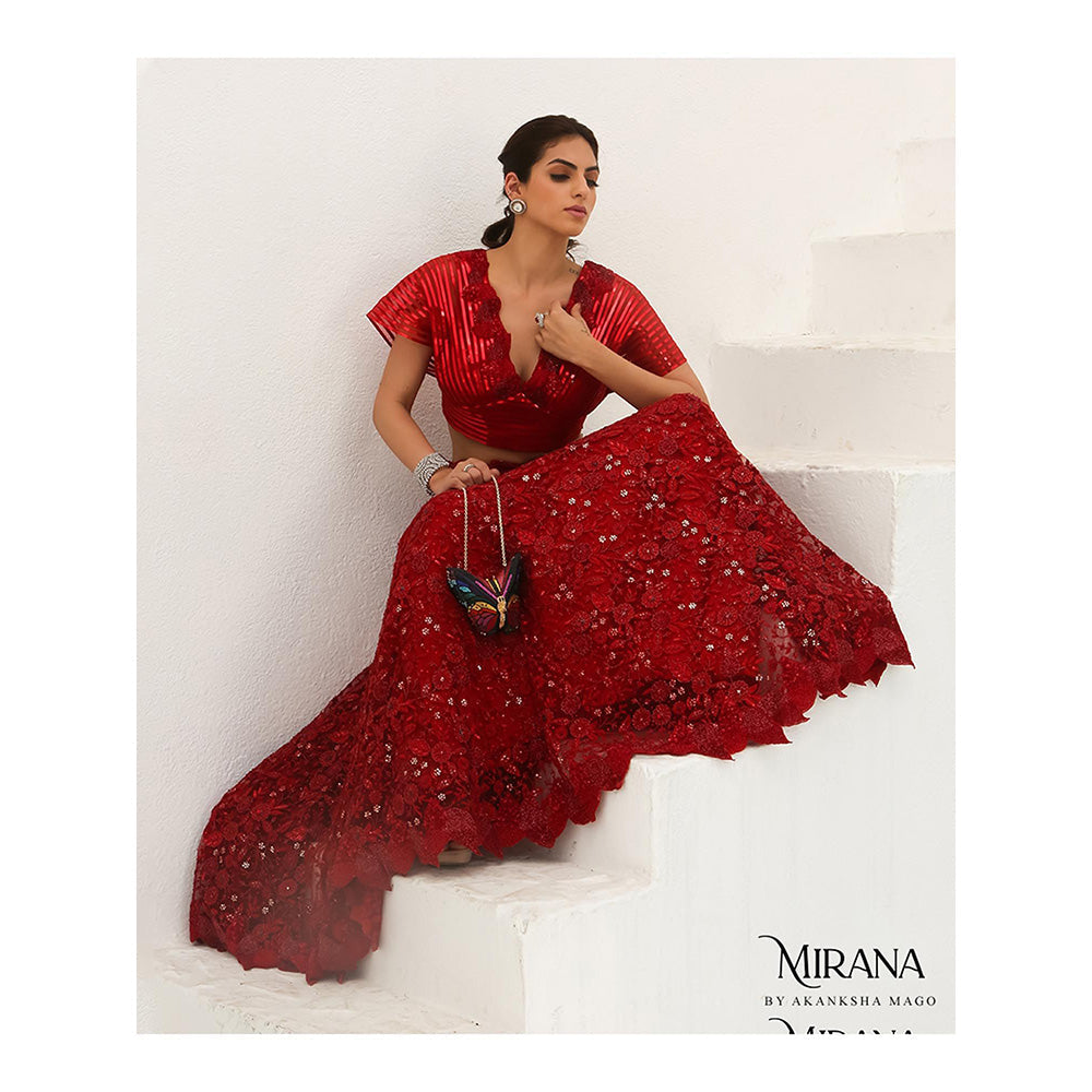 Akanksha Mago Bela Scarlet Red Stitched Blouse & Lehenga (Set of 2)