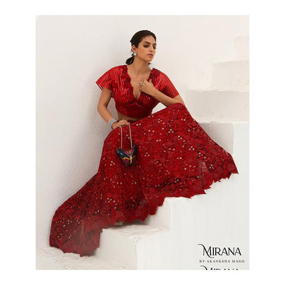 Akanksha Mago Bela Scarlet Red Stitched Blouse & Lehenga (Set of 2)