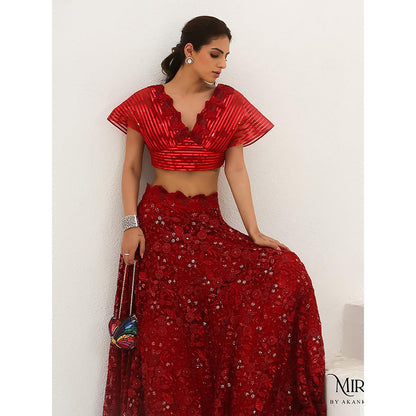 Akanksha Mago Bela Scarlet Red Stitched Blouse & Lehenga (Set of 2)