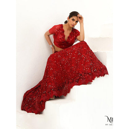 Akanksha Mago Bela Scarlet Red Stitched Blouse & Lehenga (Set of 2)