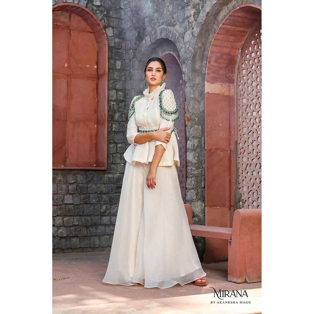 Akanksha Mago Meher Off White Embellished Peplum Top with Sharara & Belt (Set of 3)