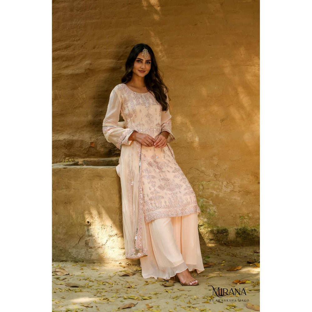 Akanksha Mago Irana Peach Embroidered Kurta & Sharara with Dupatta (Set of 3)