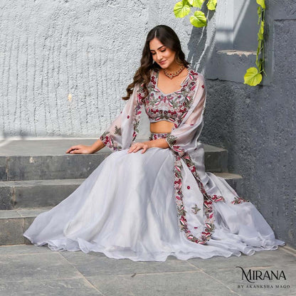 Akanksha Mago Alia Embellished Grey Blouse with Cape & Lehenga (Set of 3)