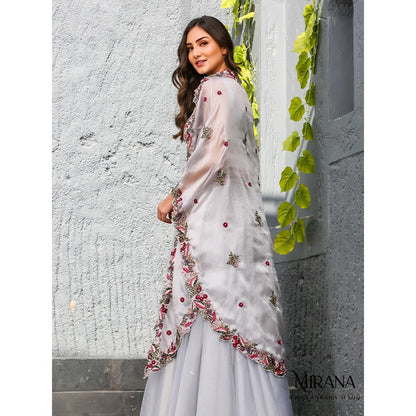 Akanksha Mago Alia Embellished Grey Blouse with Cape & Lehenga (Set of 3)