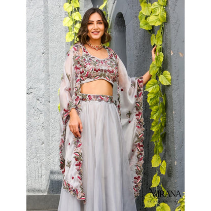 Akanksha Mago Alia Embellished Grey Blouse with Cape & Lehenga (Set of 3)
