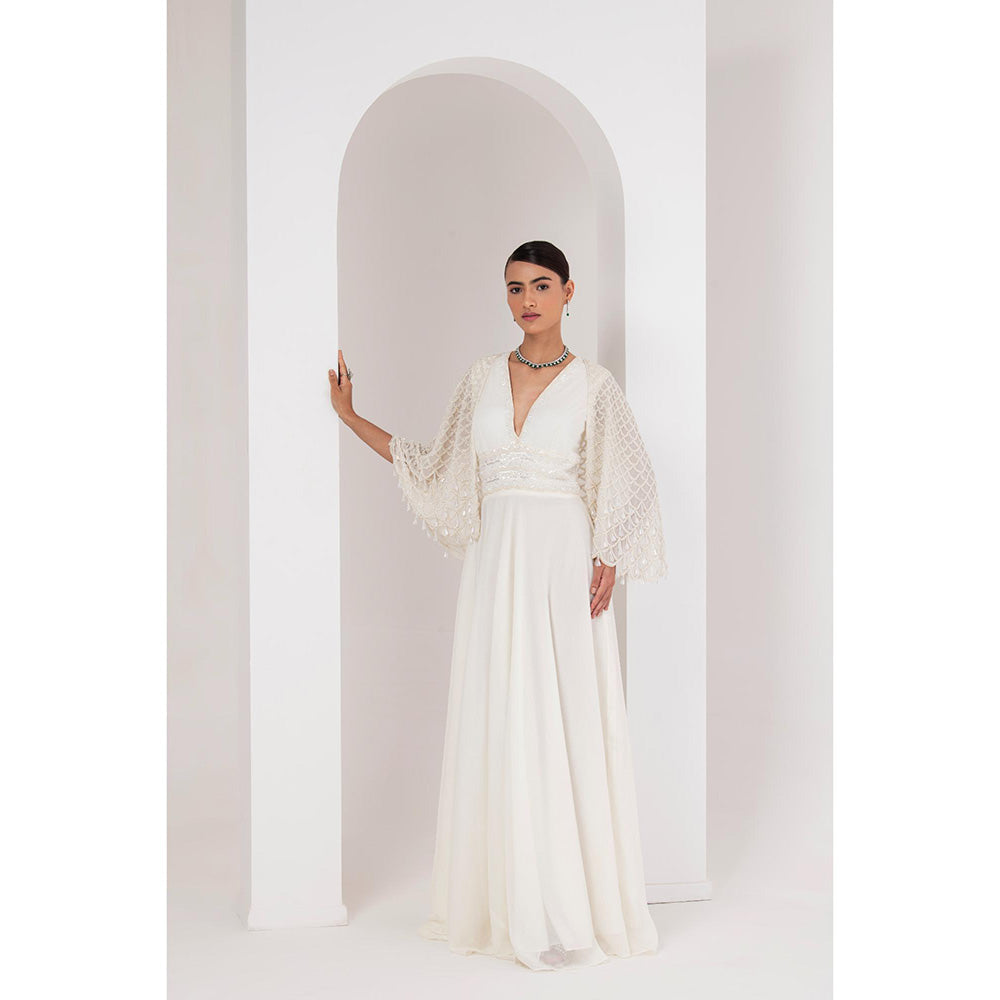 AKARA Women's White Embellished Maxi Dress with Cape (Set of 2)