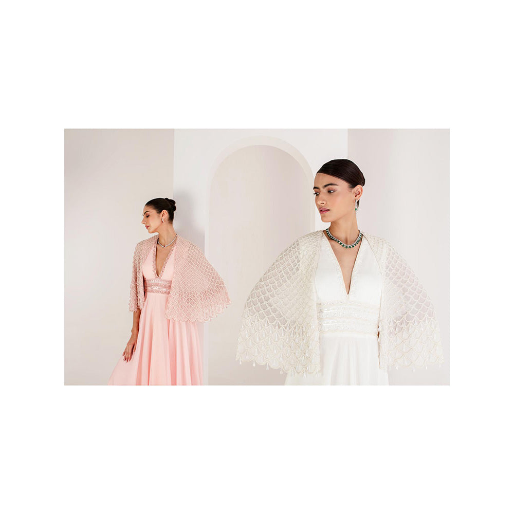 AKARA Women's White Embellished Maxi Dress with Cape (Set of 2)