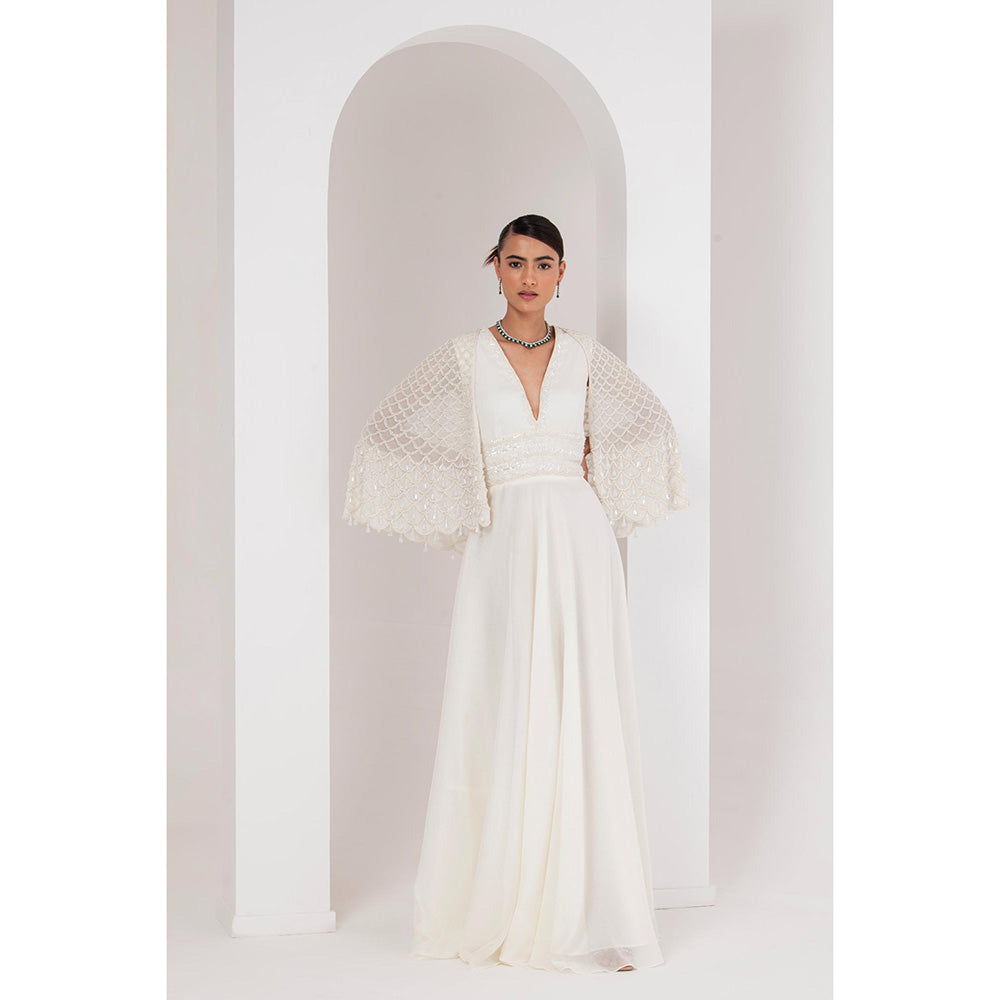 AKARA Women's White Embellished Maxi Dress with Cape (Set of 2)
