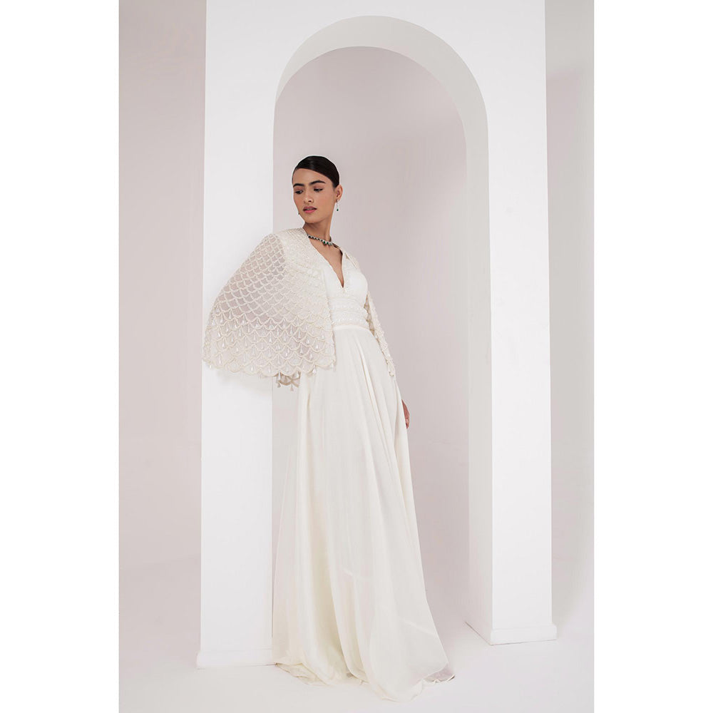 AKARA Women's White Embellished Maxi Dress with Cape (Set of 2)