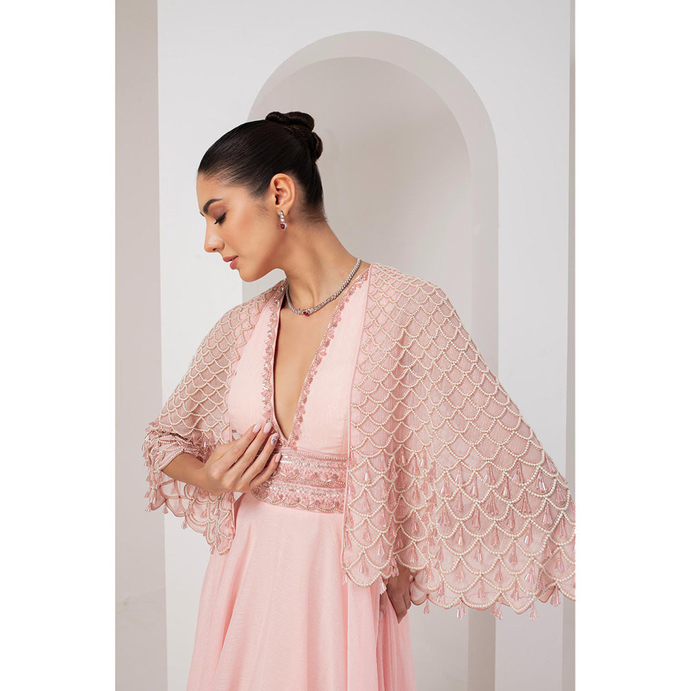 AKARA Women's Pastel Pink Embellished Maxi Dress with Cape (Set of 2)