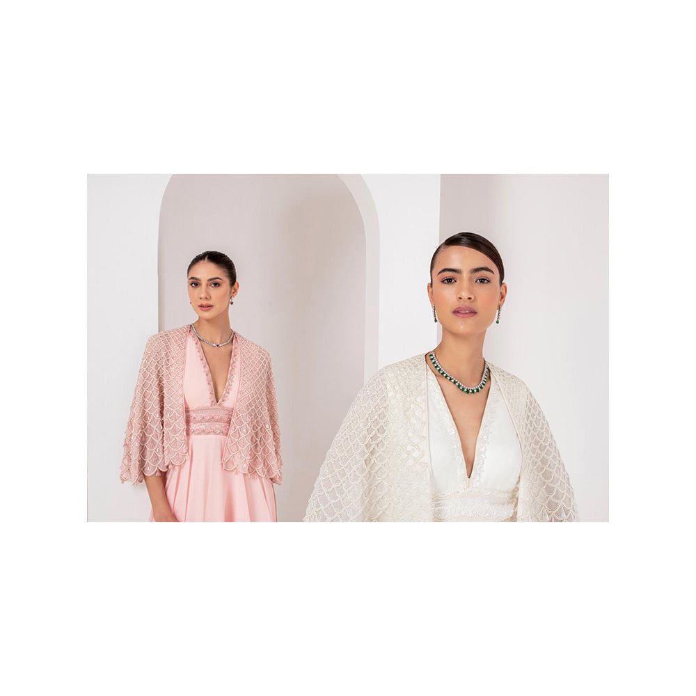 AKARA Women's Pastel Pink Embellished Maxi Dress with Cape (Set of 2)