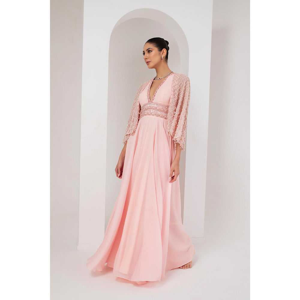 AKARA Women's Pastel Pink Embellished Maxi Dress with Cape (Set of 2)