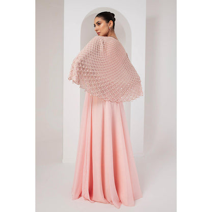 AKARA Women's Pastel Pink Embellished Maxi Dress with Cape (Set of 2)