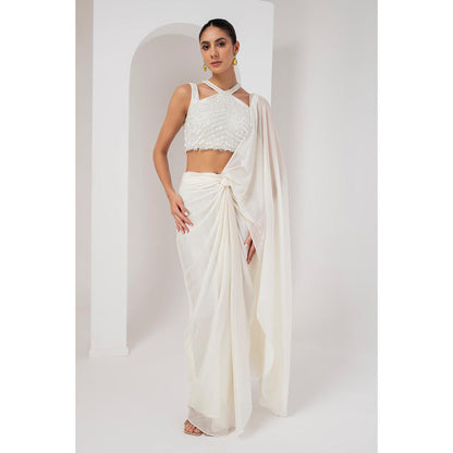 AKARA Women's Ivory Crystal Embellished Pre Drape Saree with Stitched Blouse