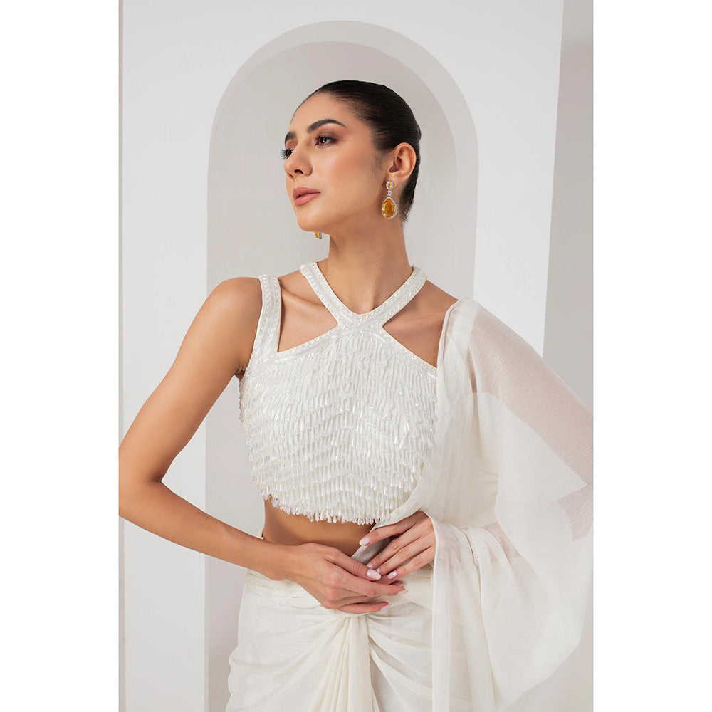 AKARA Women's Ivory Crystal Embellished Pre Drape Saree with Stitched Blouse