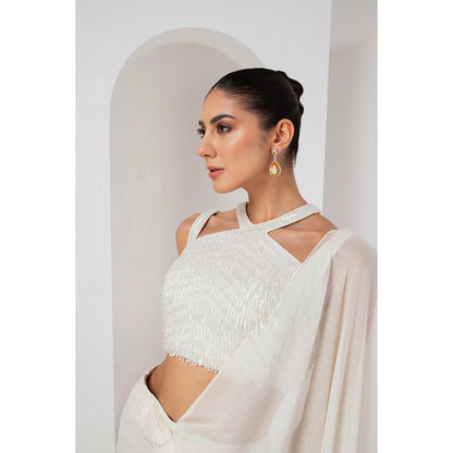 AKARA Women's Ivory Crystal Embellished Pre Drape Saree with Stitched Blouse