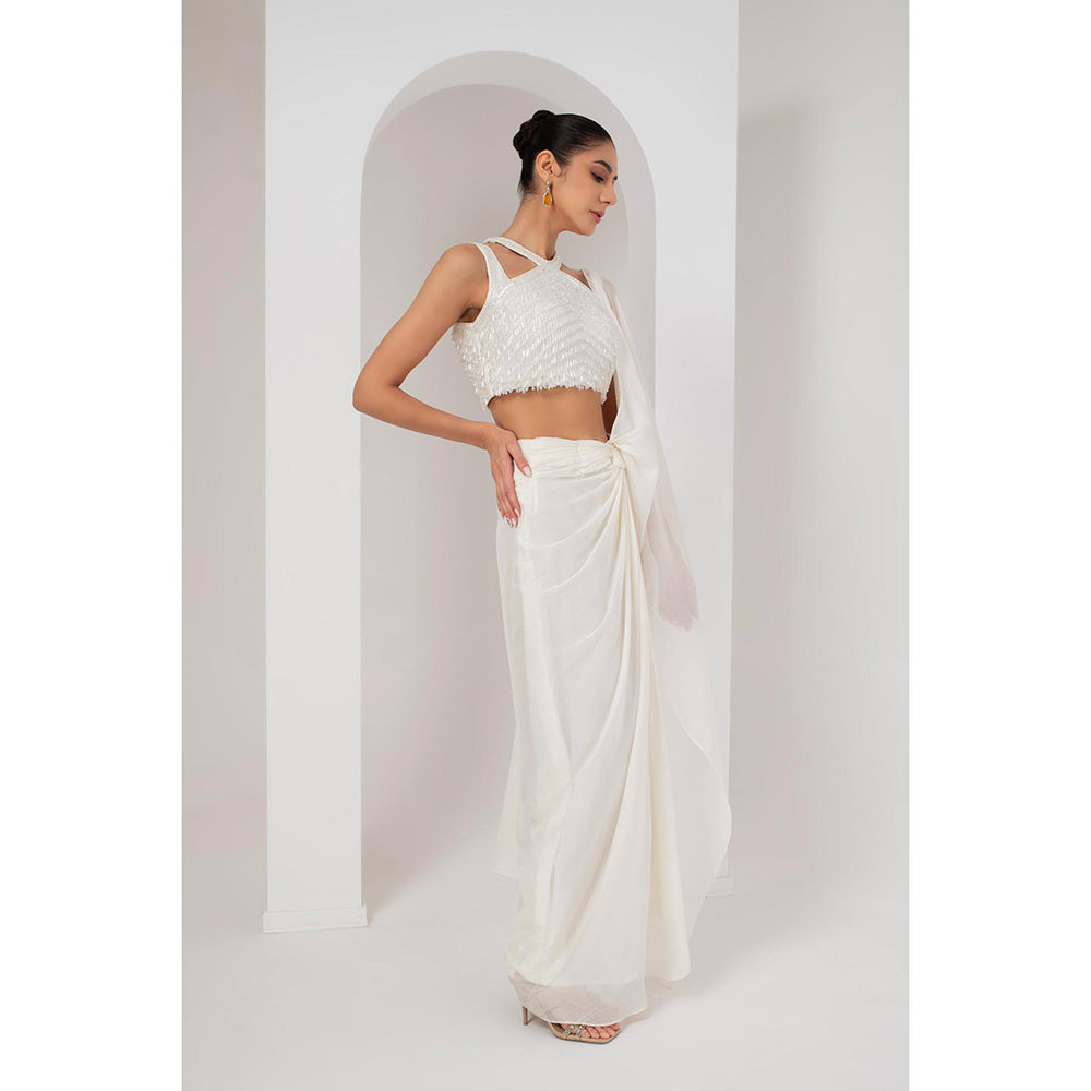AKARA Women's Ivory Crystal Embellished Pre Drape Saree with Stitched Blouse