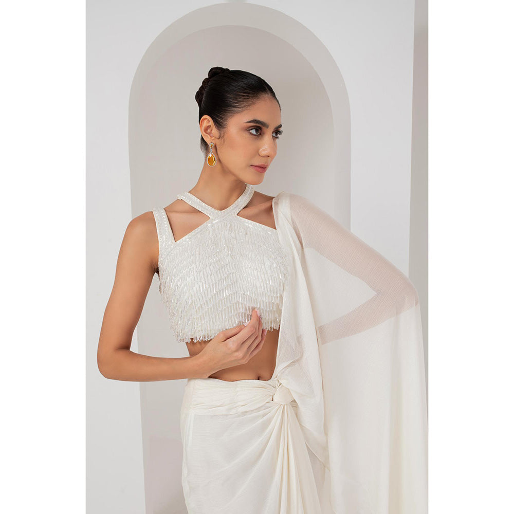 AKARA Women's Ivory Crystal Embellished Pre Drape Saree with Stitched Blouse