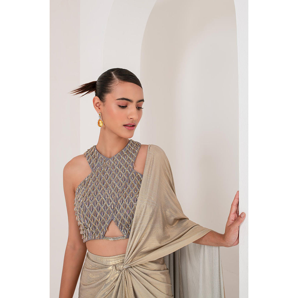 AKARA Women's Grey Metallic Embellished Pre Drape Saree with Stitched Blouse