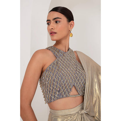 AKARA Women's Grey Metallic Embellished Pre Drape Saree with Stitched Blouse