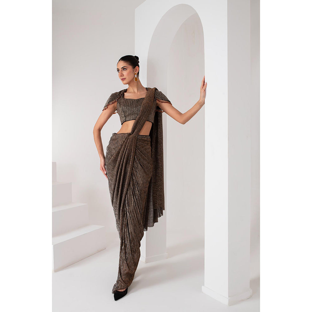 AKARA Women's Brown Crystal Embellished Pre Drape Saree with Stitched Blouse