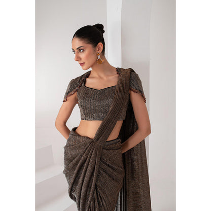 AKARA Women's Brown Crystal Embellished Pre Drape Saree with Stitched Blouse