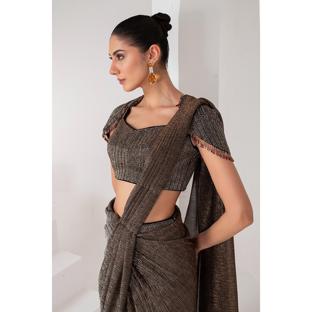 AKARA Women's Brown Crystal Embellished Pre Drape Saree with Stitched Blouse