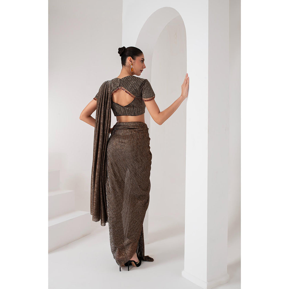 AKARA Women's Brown Crystal Embellished Pre Drape Saree with Stitched Blouse