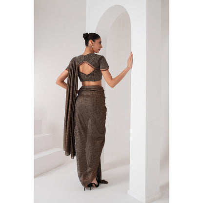 AKARA Women's Brown Crystal Embellished Pre Drape Saree with Stitched Blouse