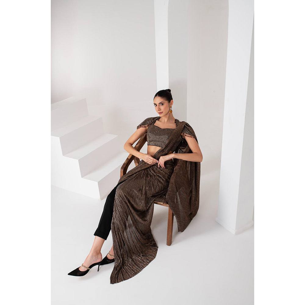 AKARA Women's Brown Crystal Embellished Pre Drape Saree with Stitched Blouse