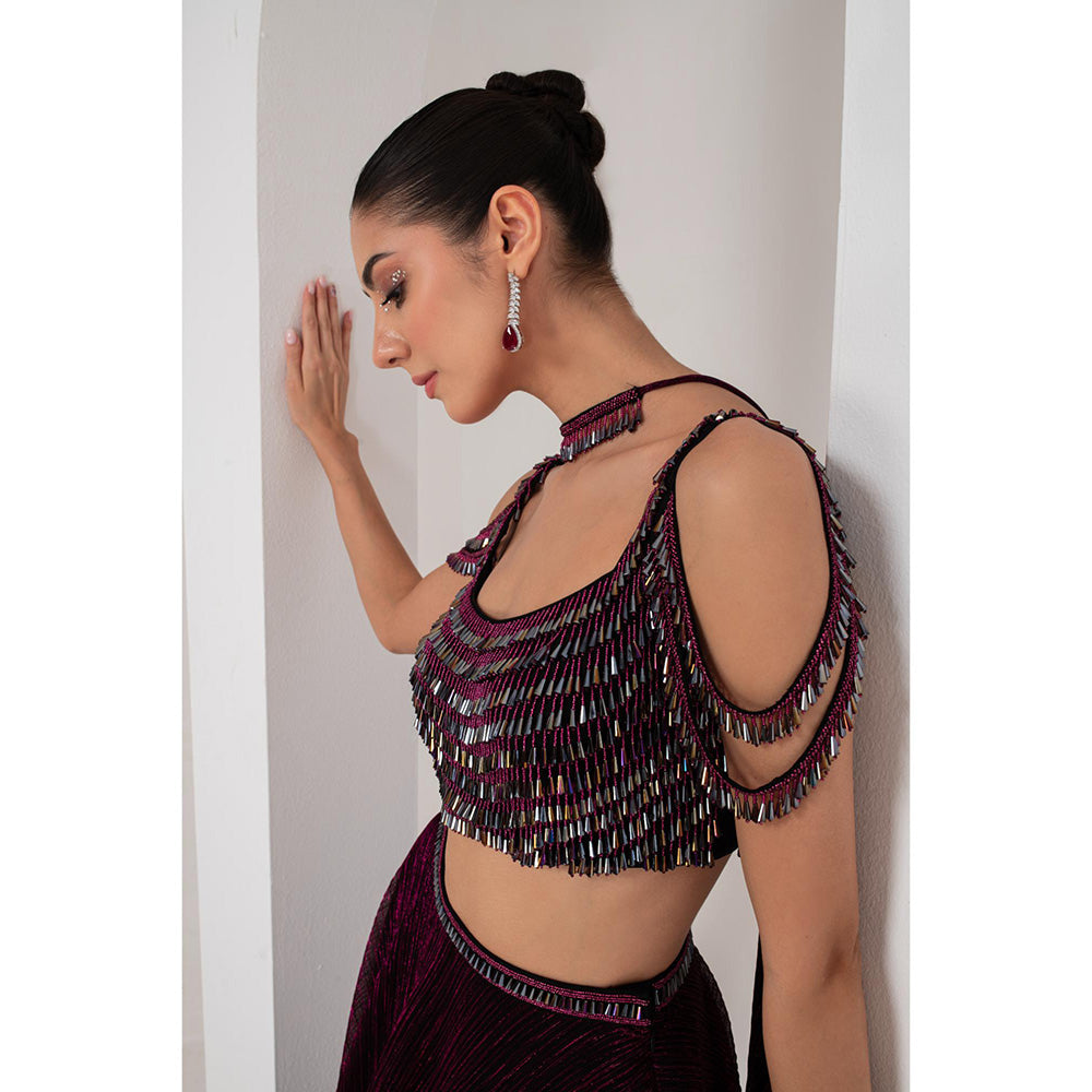 AKARA Women's Wine Crystal Embellished Stitched Blouse with Lehenga and Dupatta (Set of 3)