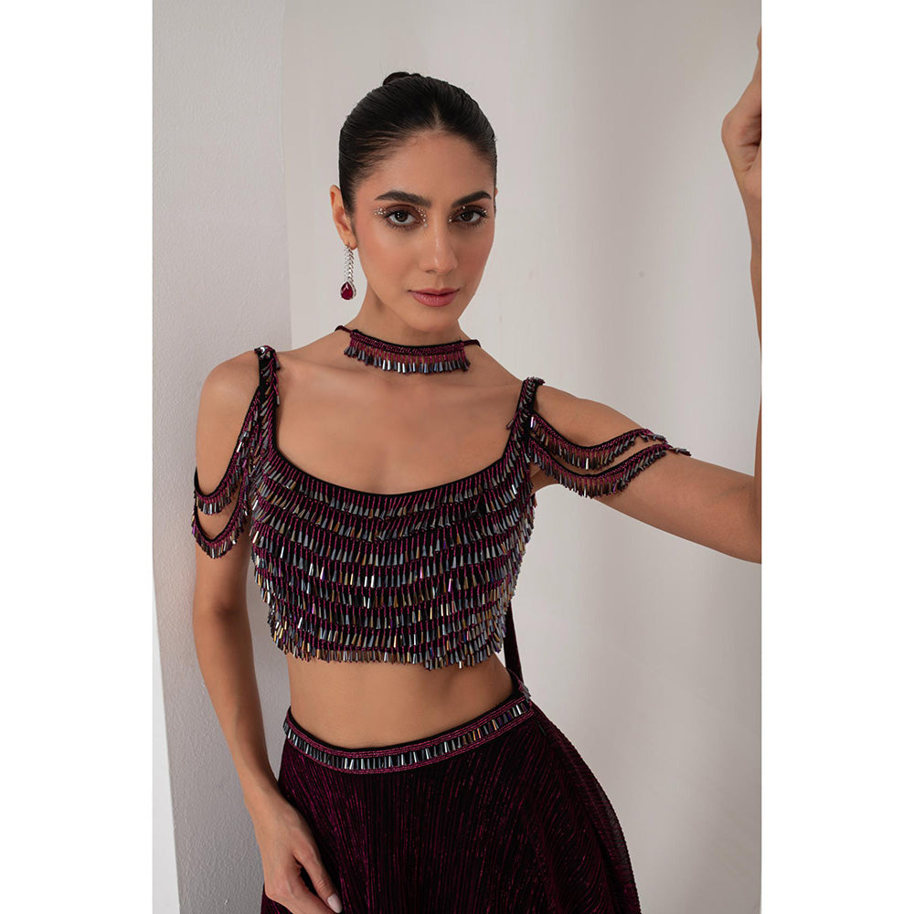 AKARA Women's Wine Crystal Embellished Stitched Blouse with Lehenga and Dupatta (Set of 3)