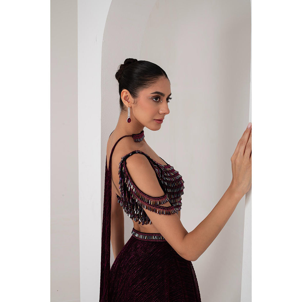 AKARA Women's Wine Crystal Embellished Stitched Blouse with Lehenga and Dupatta (Set of 3)