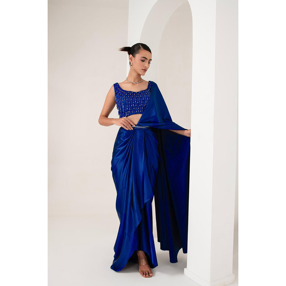 AKARA Women's Blue Embellished Pre Drape Saree with Stitched Blouse